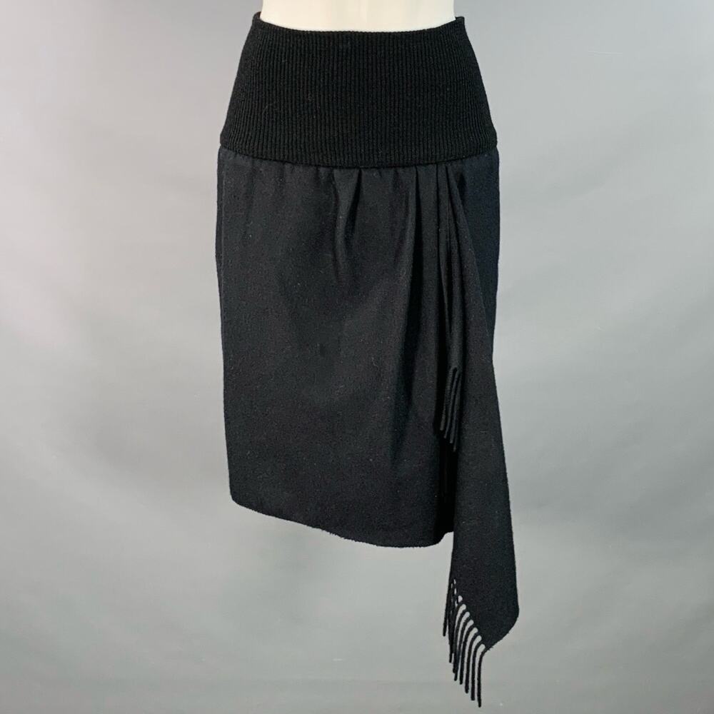 JOOP! Size 8 Black Wool Asymmetrical Fringe Midi Skirt